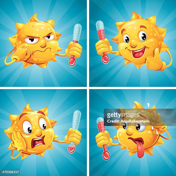 lustiger meteorologe cartoon sonne mit menschliches gesicht holding thermometer - schweiß stock-grafiken, -clipart, -cartoons und -symbole