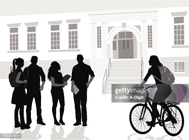 biking to school - school building silhouette stock illustrations