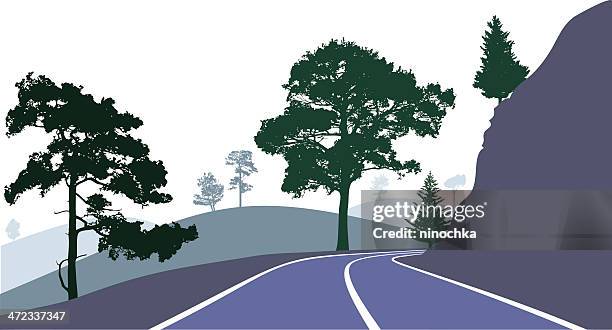 mountain road - oak tree silhouette stock illustrations