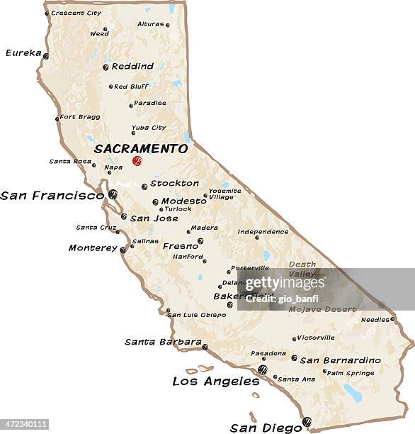 illustrazioni stock, clip art, cartoni animati e icone di tendenza di mappa della california - grande bacino degli stati uniti occidentali