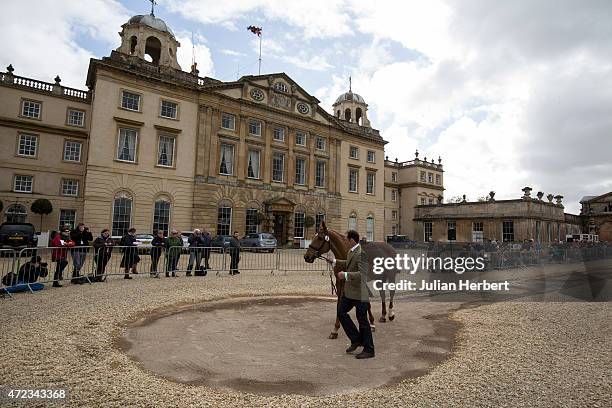 Joseph Murphy shows his horse Electric Cruise at the 1st inspection on the day before the start of the Badminton Horse Trials on May 06, 2015 in...