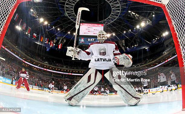 Edgars Masalskis, goaltender of Latvia skates against Switzerland during the IIHF World Championship group A match between Switzerland and Latvia at...