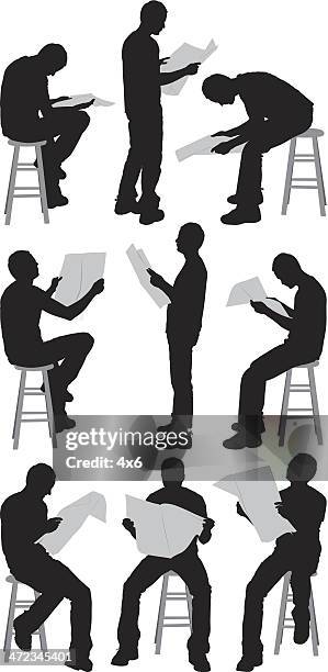 multiple silhouette of a man reading newspaper - reading newspaper vector stock illustrations