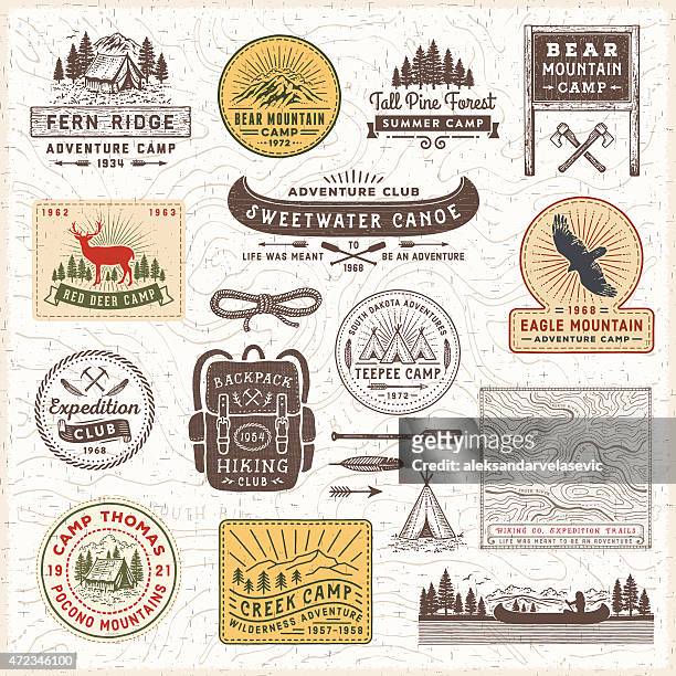 illustrazioni stock, clip art, cartoni animati e icone di tendenza di campeggio badge ed etichette d'epoca - badge
