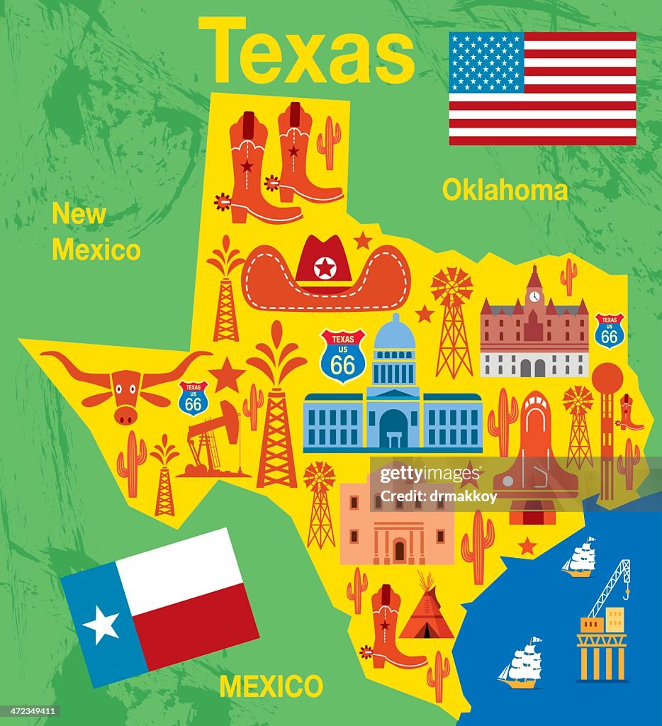 Texas map with traditional state items illustration