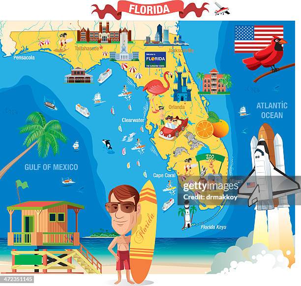 cartoon map of florida - beach hut stock illustrations