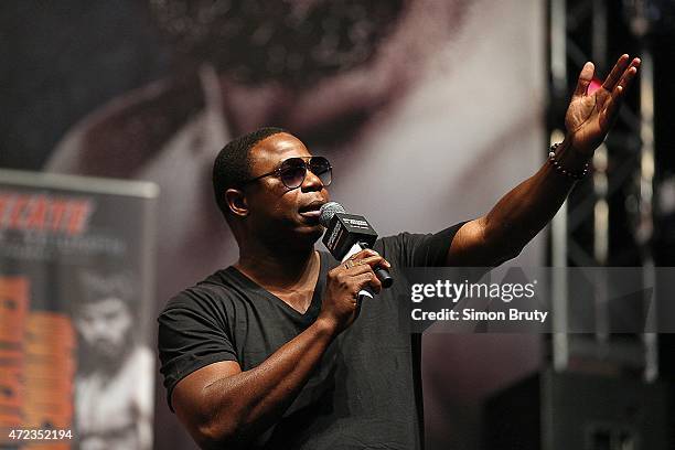 Super World/ WBC/ WBO Welterweight Title: View of celebrity rapper Doug E. Fresh on stage before weigh-in of Manny Pacquiao vs Floyd Mayweather fight...