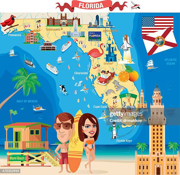 stockillustraties, clipart, cartoons en iconen met cartoon map of florida - pensacola beach