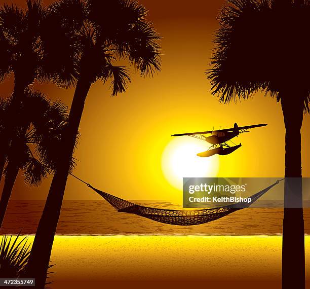 strand-reiseziel mit hängematte und rückflug mit dem wasserflugzeug - hammock-between-palm-trees stock-grafiken, -clipart, -cartoons und -symbole