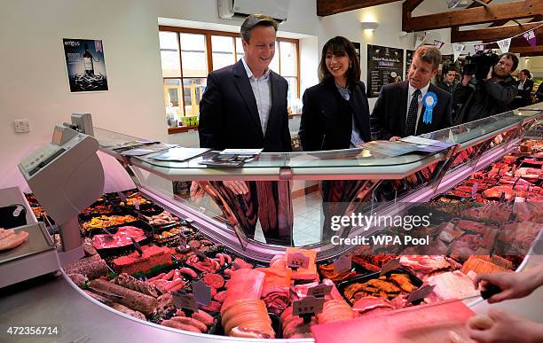 British Prime Minister and Conservative Party leader David Cameron and his wife Samantha Cameron visit the Kilnford Barns Farm Shop during...