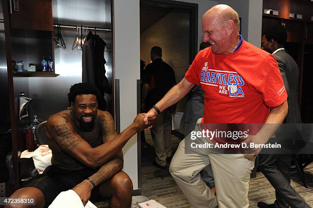 DeAndre Jordan and Steve Ballmer of the Los Angeles Clippers celebrate in the locker room after a game against the San Antonio Spurs in Game Seven of...