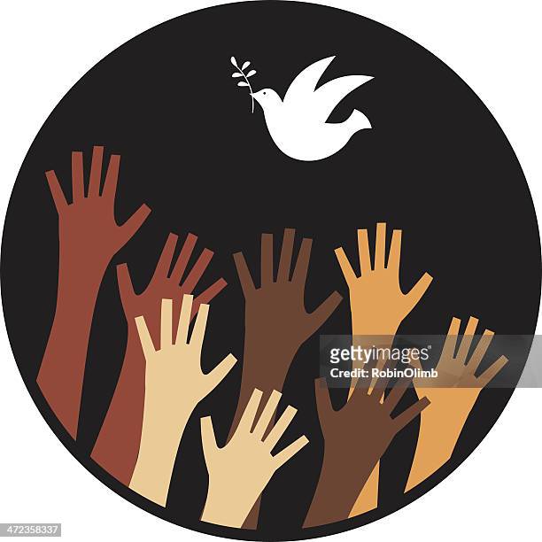 hands reaching for peace dove - peace dove stock illustrations