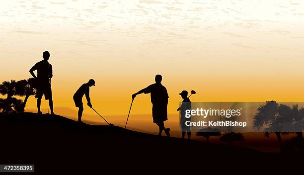 ilustraciones, imágenes clip art, dibujos animados e iconos de stock de foursome golpear desde el tee de golf en el crepúsculo - golfer