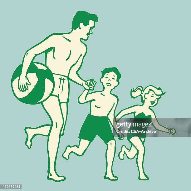 a cartoon of a father and kids running to the beach - child running stock illustrations