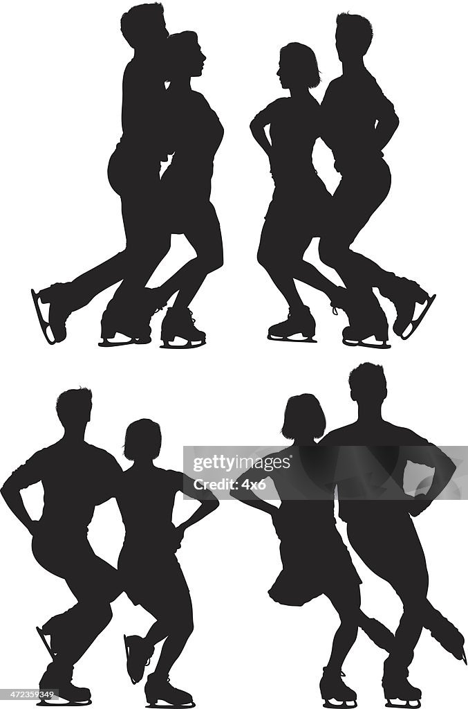 Multiple silhouettes of a couple ice skating