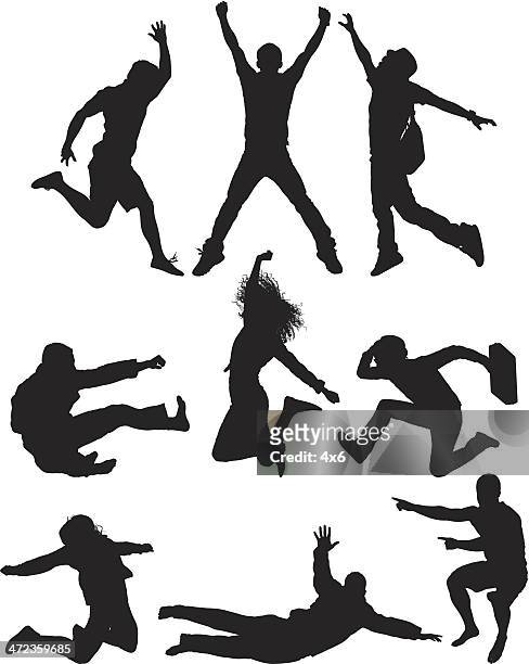 multiple silhouettes of jumping in air - legs apart stock illustrations
