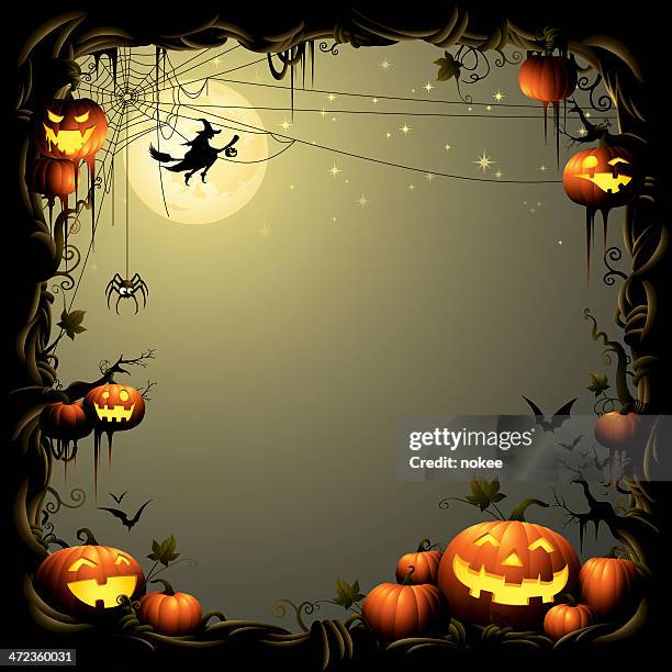 halloween pumpkin pile - border - spider stock illustrations