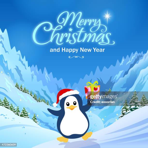 christmas penguin in polar mountain - penguin stock illustrations