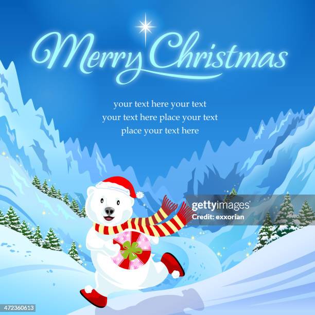 christmas polar bear in polar mountain - pinnacle stock illustrations