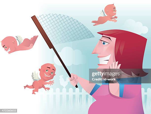 woman catching cupid - fishing net stock illustrations