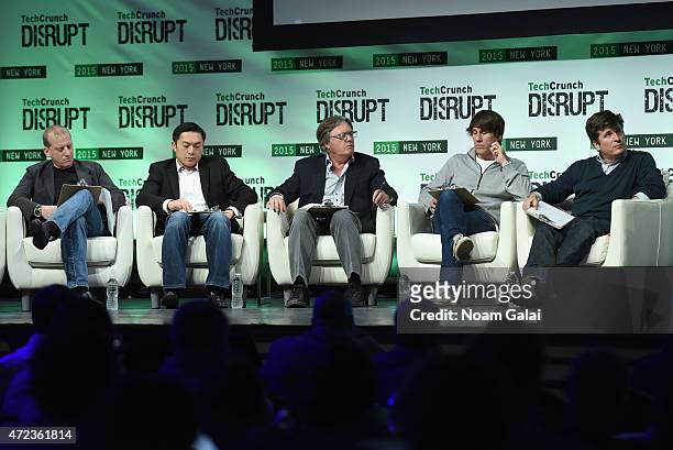 Rich Miner, Alfred Lin, Eric Hippeau, Dennis Crowley and John Borthwick appear onstage during TechCrunch Disrupt NY 2015 - Day 3 at The Manhattan...