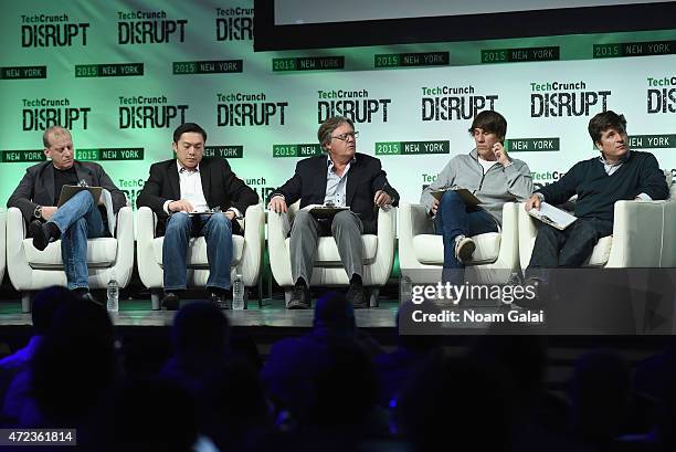 Rich Miner, Alfred Lin, Eric Hippeau, Dennis Crowley and John Borthwick appear onstage during TechCrunch Disrupt NY 2015 - Day 3 at The Manhattan...