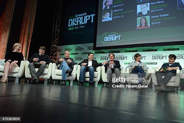 Alexia Tsotsis, Brian Pokorny, Rich Miner, Alfred Lin, Eric Hippeau, Dennis Crowley and John Borthwick appear onstage during TechCrunch Disrupt NY...