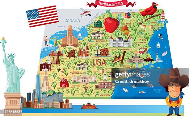 cartoon map of northeastern u.s. - niagara falls city ontario stock illustrations