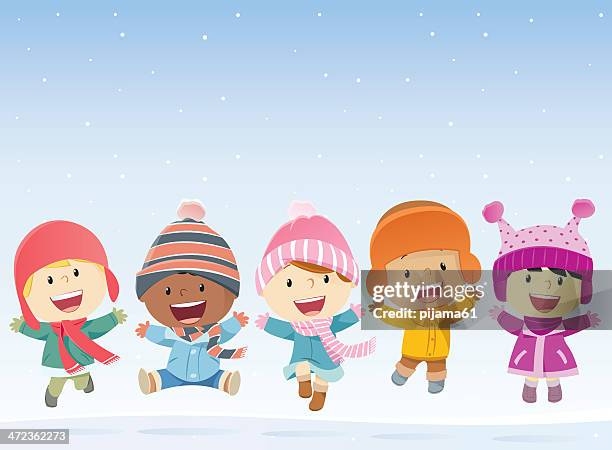ilustraciones, imágenes clip art, dibujos animados e iconos de stock de kids de salto en la nieve - saltar actividad física