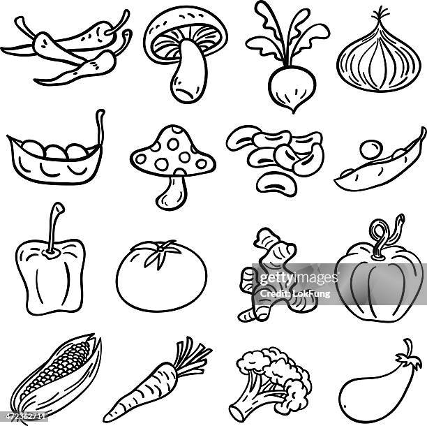 ilustrações de stock, clip art, desenhos animados e ícones de coleção de legumes em preto e branco-ilustração - cogumelo
