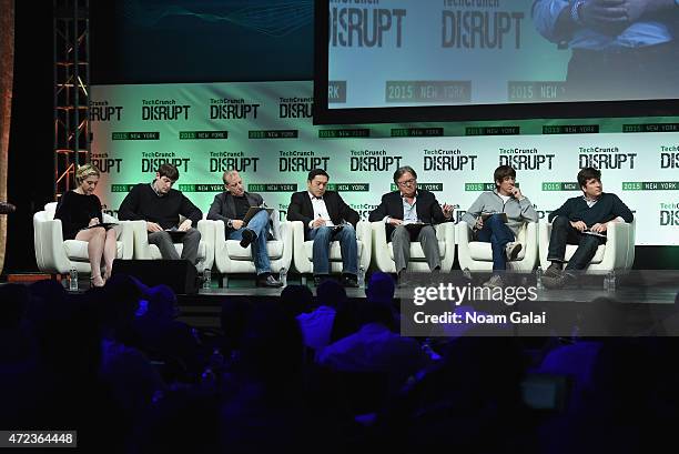 Alexia Tsotsis, Brian Pokorny, Rich Miner, Alfred Lin, Eric Hippeau, Dennis Crowley and John Borthwick appear onstage during TechCrunch Disrupt NY...