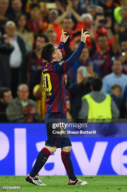 Lionel Messi of Barcelona celebrates after scoring a goal during the UEFA Champions League Semi Final, first leg match between FC Barcelona and FC...