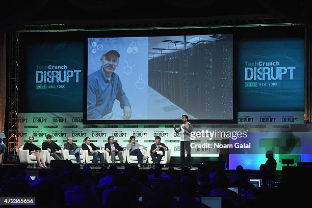 Alexia Tsotsis, Brian Pokorny, Rich Miner, Alfred Lin, Eric Hippeau, Dennis Crowley, John Borthwick and Subbu Rama appear onstage during TechCrunch...