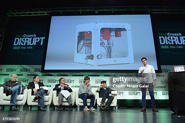 Rich Miner, Alfred Lin, Eric Hippeau, Dennis Crowley, John Borthwick and Danny Cabrera appear onstage during TechCrunch Disrupt NY 2015 - Day 3 at...