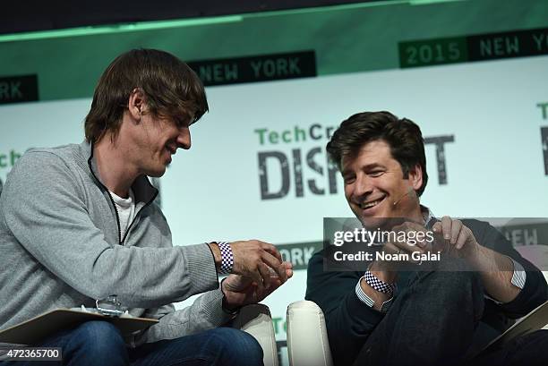 Co-Founder and CEO of FourSquare, Dennis Crowley and Co-Founder and CEO of Betaworks, John Borthwick appear onstage during TechCrunch Disrupt NY 2015...