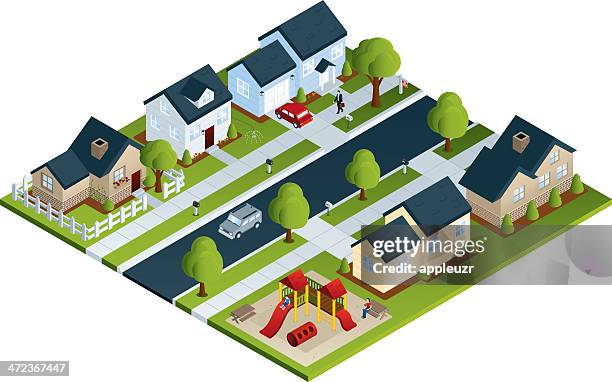 illustrazioni stock, clip art, cartoni animati e icone di tendenza di comunità quartiere - periferia