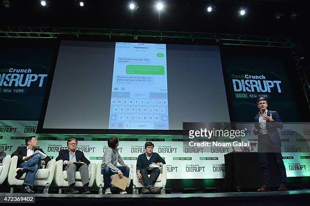 Alfred Lin, Eric Hippeau, Dennis Crowley, John Borthwick and Dmitry Aksenov appear onstage during TechCrunch Disrupt NY 2015 - Day 3 at The Manhattan...