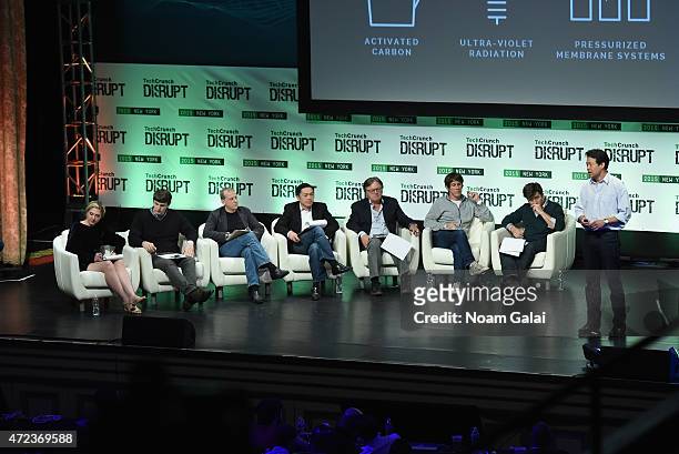 Alexia Tsotsis, Brian Pokorny, Rich Miner, Alfred Lin, Eric Hippeau, Dennis Crowley, John Borthwick and Victor Hwang appear onstage during TechCrunch...