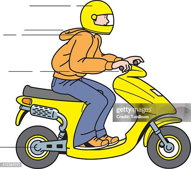 boy riding a scooter - scooter helmet stock illustrations