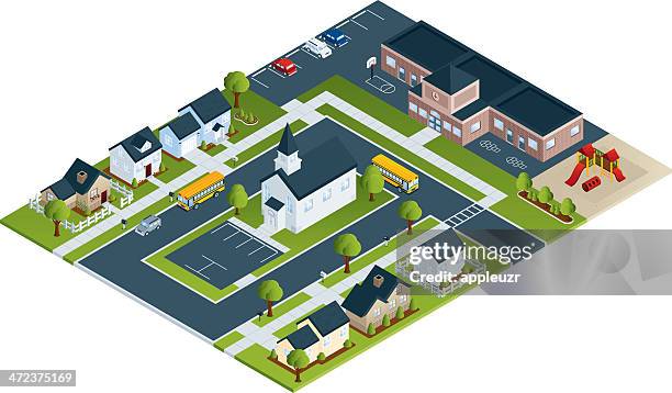 ilustraciones, imágenes clip art, dibujos animados e iconos de stock de alrededores - isometric school