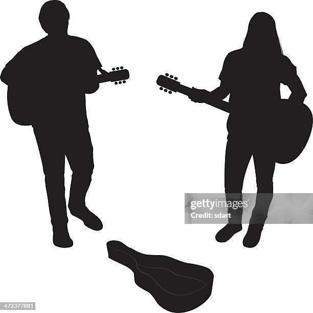 acoustic guitarist silhouettes - street musician stock illustrations