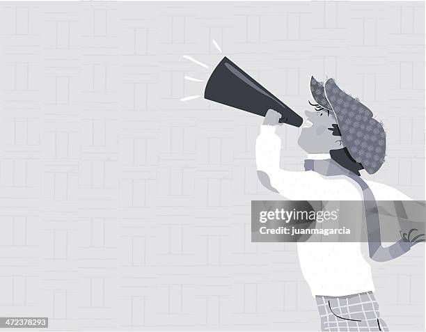ilustraciones, imágenes clip art, dibujos animados e iconos de stock de little boy with newsboy tapa gritar en old fashioned megáfono - repartidor de periódicos