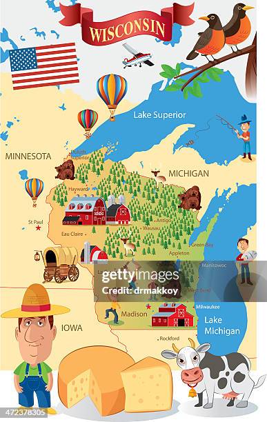 cartoon map of wisconsin - lake michigan house stock illustrations