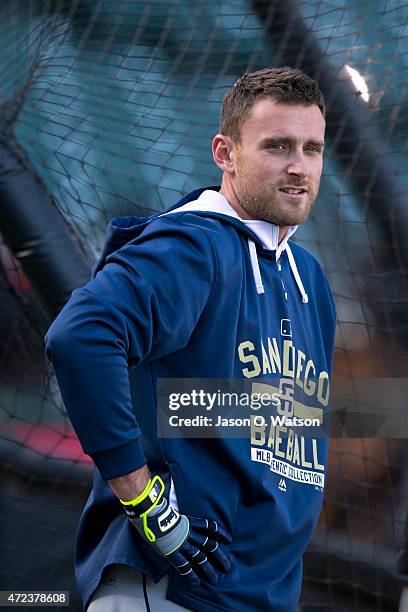 Will Middlebrooks of the San Diego Padres looks on during batting practice before the game against the San Francisco Giants at AT&T Park on May 4,...