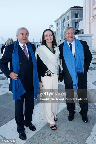 Xavier Guerrand Hermes, Helene Grimaud and Hubert Hermes attend the Dinner At 'Fondazione Cini, Isola Di San Giorgio', 2015 Venice Biennale on May 6,...
