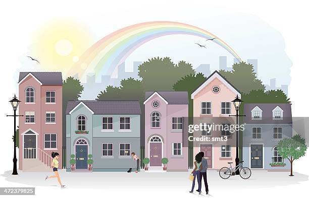 street scene with row of houses - jogging city stock illustrations