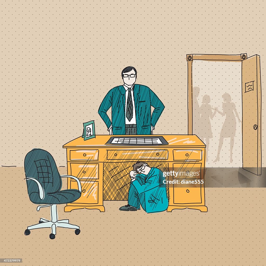 Businessman Hiding From His Angry Boss Under The Desk