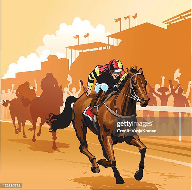 ilustraciones, imágenes clip art, dibujos animados e iconos de stock de día en las carreras - jockey