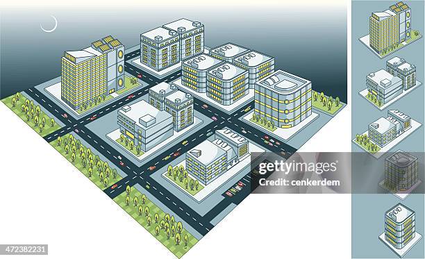 stockillustraties, clipart, cartoons en iconen met an illustration of plans for a city set at night - inkomhal