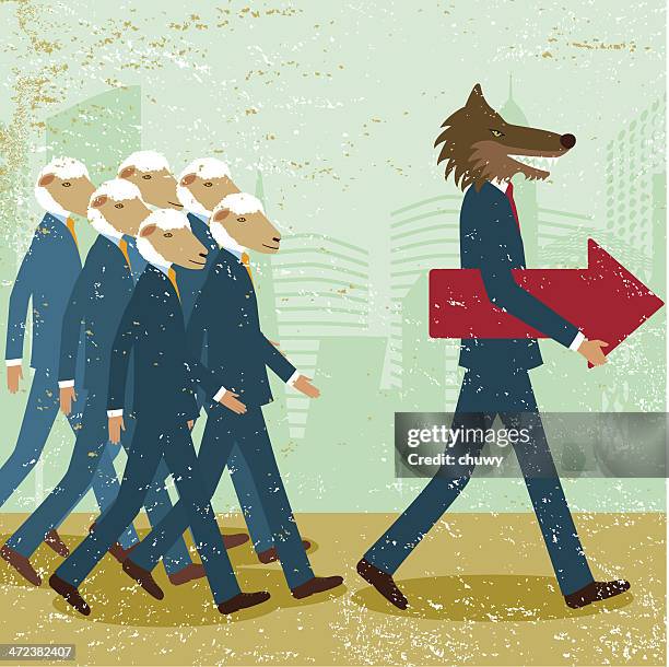 stockillustraties, clipart, cartoons en iconen met business leader men wolf sheep follower conformist sheeplike - wolf